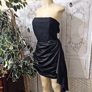 Club London Sweet Talk Blk  Bandeau Strapless Mini Dress  Draped Satin Skirt 12